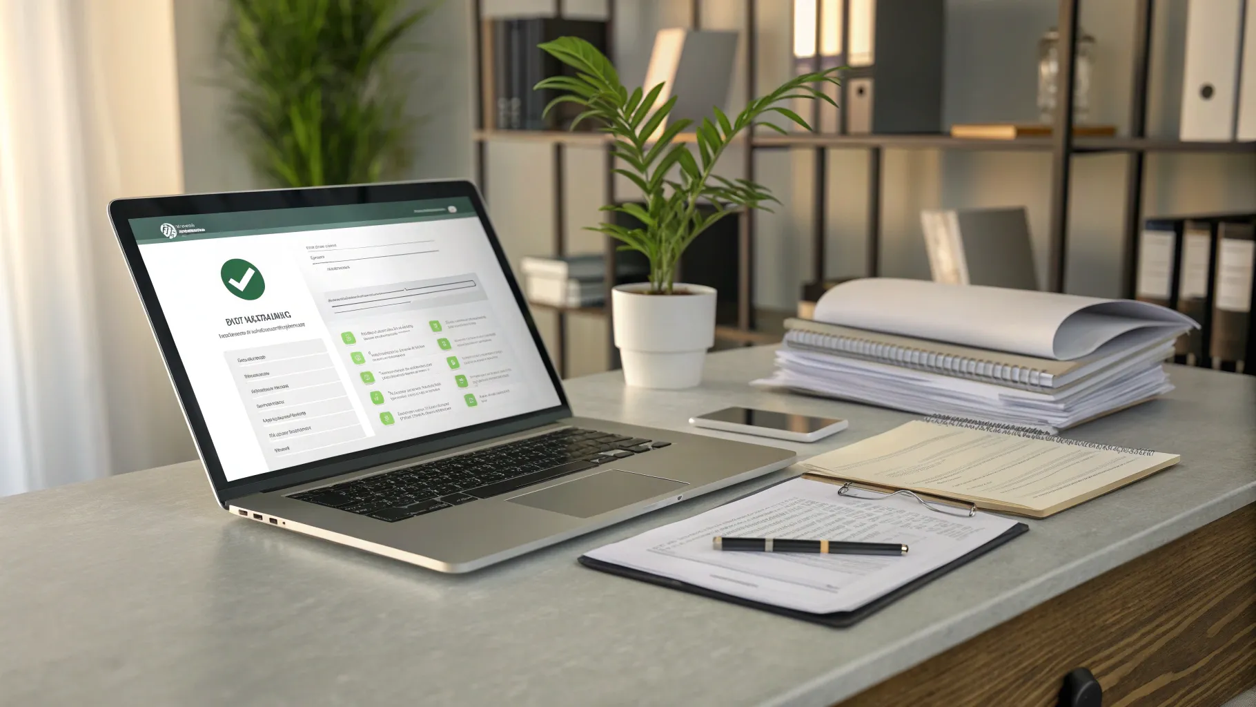 1日で融資可能 - Modern office with loan application on laptop and organized documents.