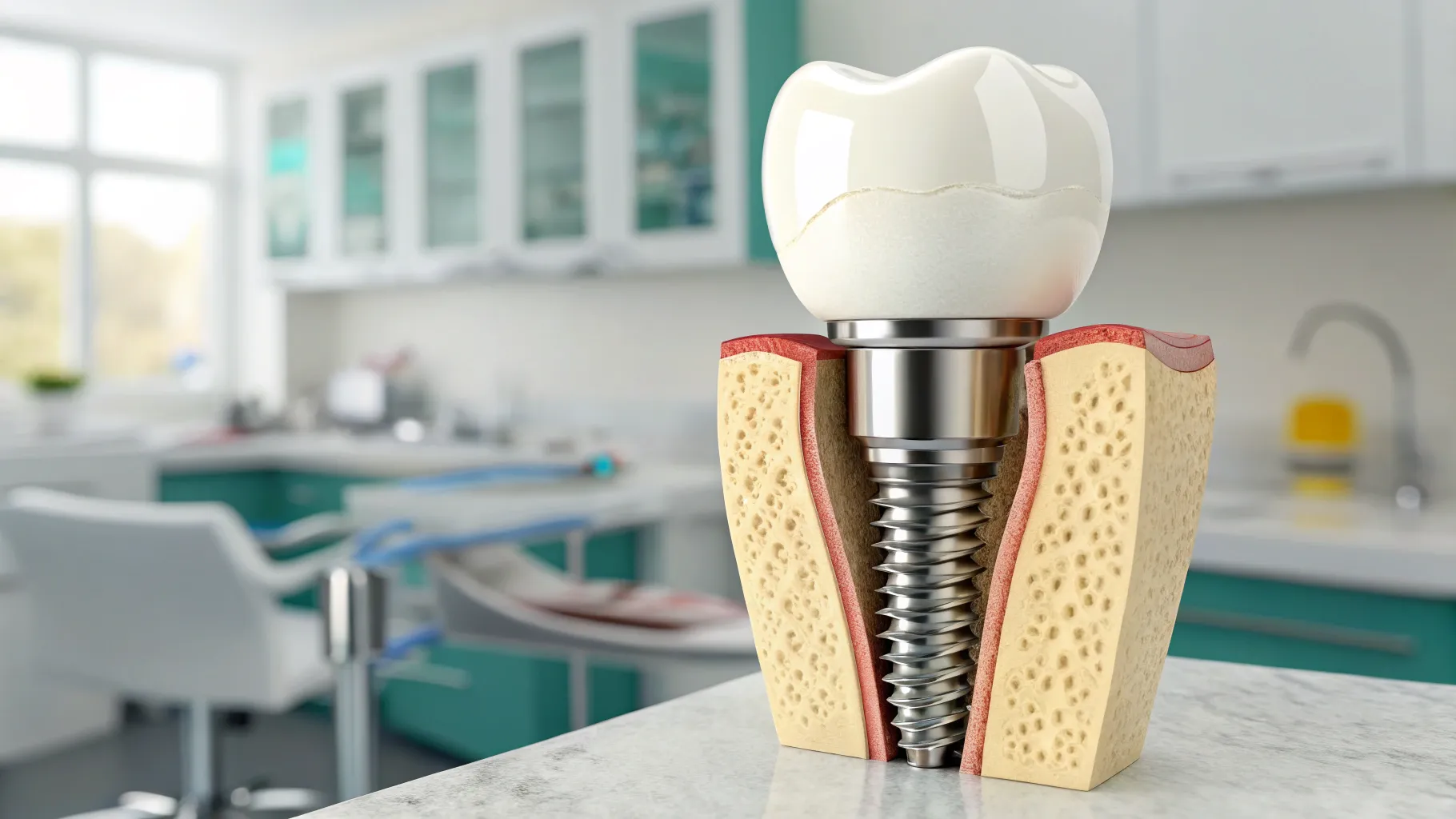 Implanturi dentare fără șurub pentru seniori showcased in a detailed dental setting.